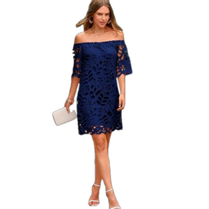 Pretty Garden Navy Blue Lace Off-Shoulder Floral Mini Dress - Small